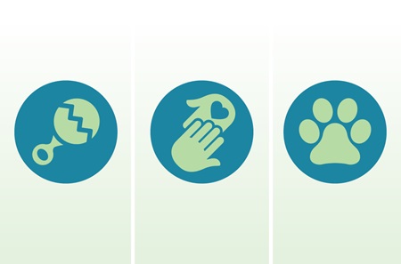 Images of a rattle, holding hands, and a paw direct readers to resources for child care, elder care, and pet care, respectively.